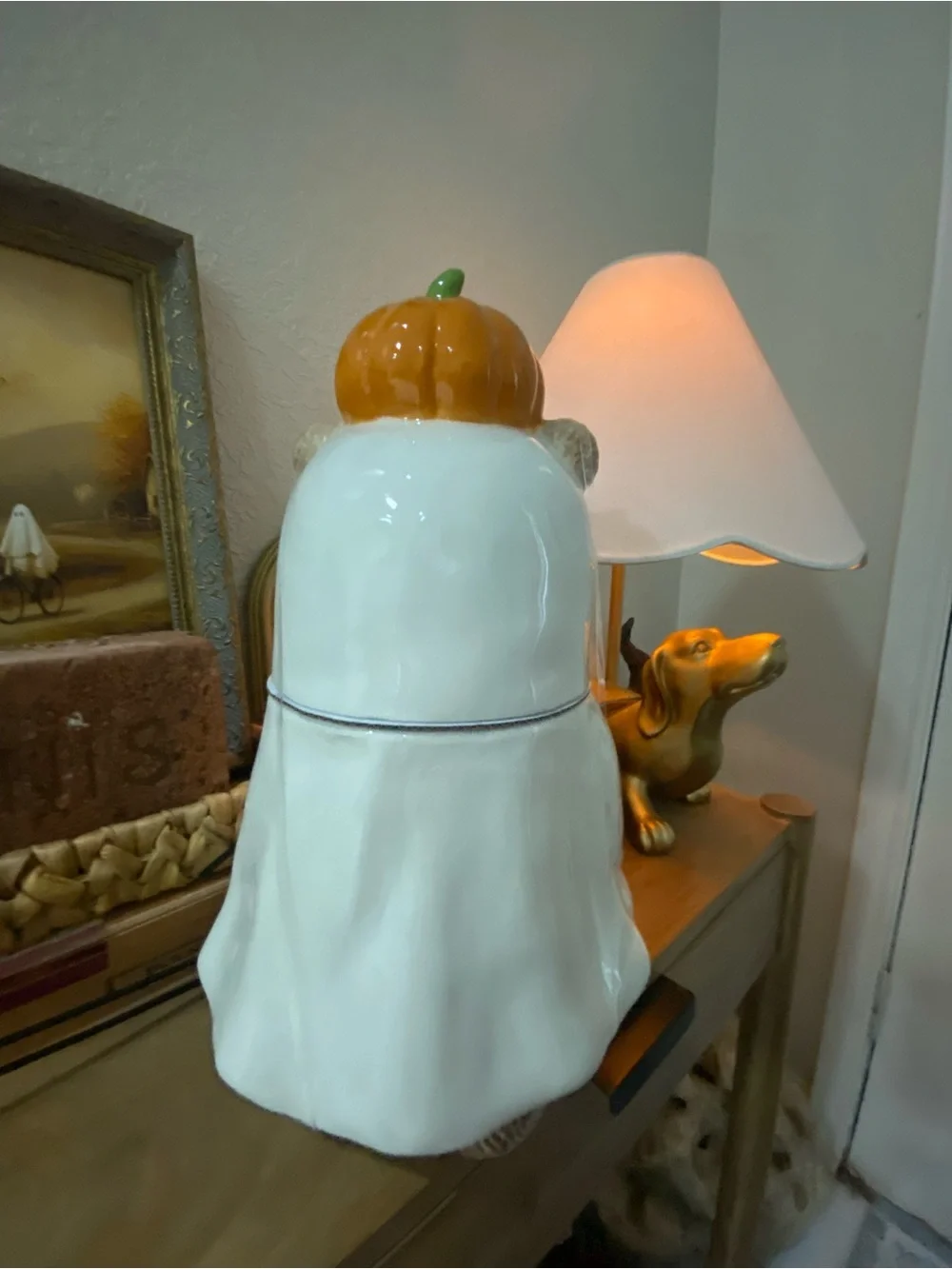 Ceramic Ghost Bear Cookie Jar in White with Pumpkin Hat